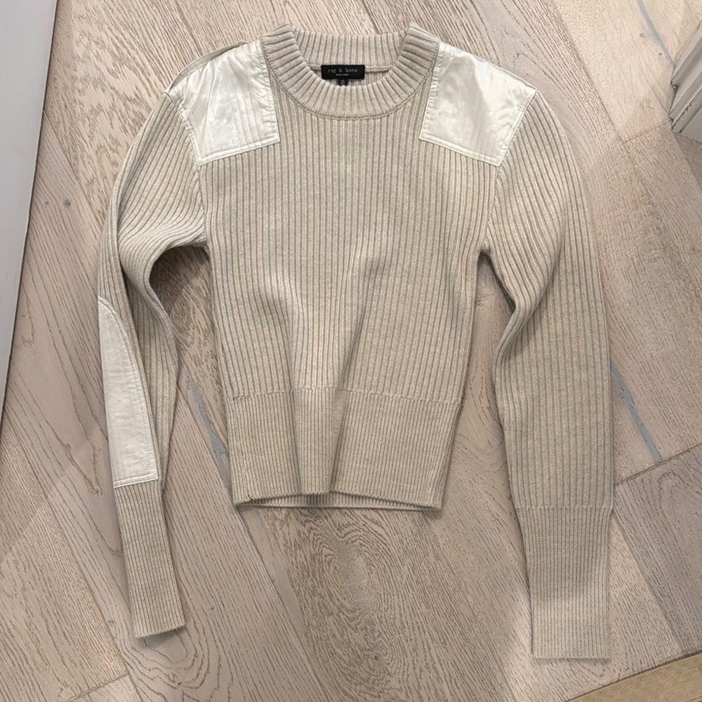 Beige Ribbed Sweater with Satin Accents
